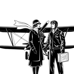 Vintage couple standing in front airplane Isolated On Transparent Background.
