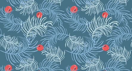 Hand Drawn Seamless Natural Pattern, Simple Winter Pattern with Branches and Berries, Vintage, Transparent, Vector