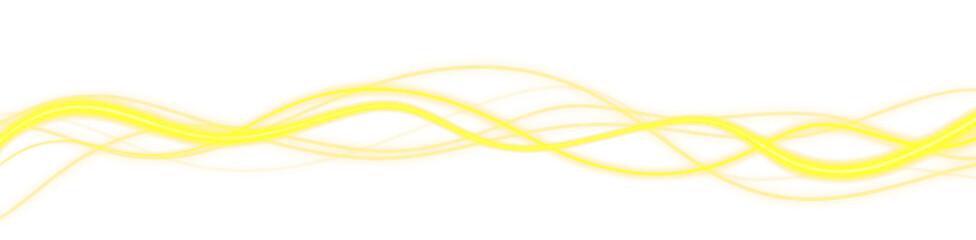 Abstract glowing yellow neon wavy lines composition isolated on transparent background for design