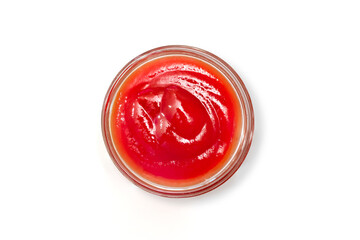Tomato ketchup on a white background, top view