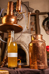 Traditional Copper Moonshine Distillation Equipment In Use