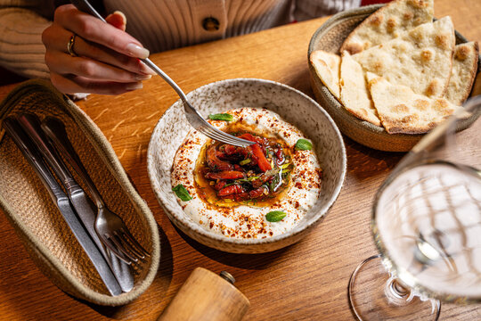Middle Eastern Mezze With Hummus In Restaurant