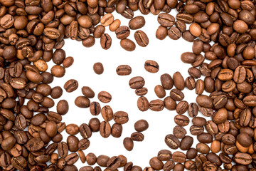 A collection of coffee beans on a white background.