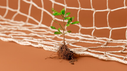 Small plant growing in front of a soccer goal net on a brown background representing the concept of talent growth and youth development