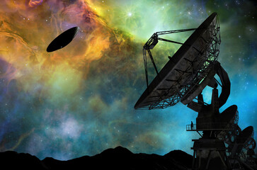 UFO flying over mountain, 3D ilustration