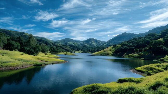 A serene lake nestled within a lush valley surrounded by rolling hills and mountains under a vibrant blue sky with scattered clouds