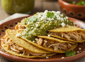 Shredded Chicken Tacos With Green Salsa And Crumbled Cheese On Warm Corn Tortillas