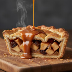 Warm Apple Pie Slice With Rich Caramel Drizzle On Rustic Wooden Board