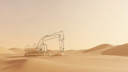 Excavator outline drawing on a desert landscape with sand dunes illustrates construction or excavation work. Industrial machinery concept.