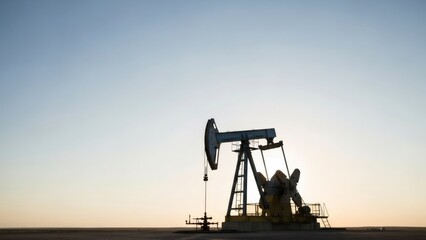 Oil pump jack silhouette at sunset. Petroleum industry and energy production concept. Industrial equipment extracting crude oil from ground.