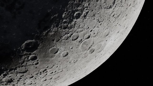 Moon Surface Close-Up With Cratered Terrain And Curved Horizon In Space At Dusk