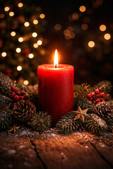 A christmas candle surrounded by pine cones while near a christmas tree