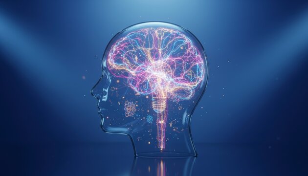 Futuristic 3D visualization of active human brain and neural network - Powered by Adobe