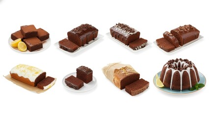 Obraz premium Assortment of decadent chocolate loaf cakes attractively displayed on white surfaces