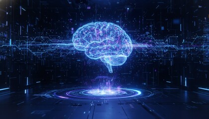 Digital Brain Hologram Floating in Futuristic AI Technology Environment