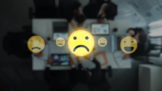 Aerial view of a corporate meeting with smiley face icons representing various emotions. The image captures the essence of interpersonal interaction and teamwork in a modern office setting. Raster