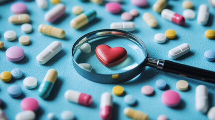 Magnifying Glass Over Heart Symbol Surrounded by Various Pills