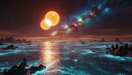 Binary Suns setting over a bioluminescent alien ocean at twilight
