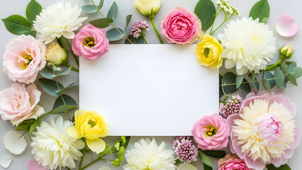 Assortment of colorful flowers and greenery surrounding blank white card mother's day