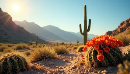 Orange flowered cactus dominates sun-baked desert scene , plant, cactus