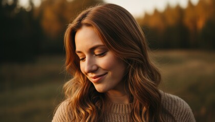 Fototapeta premium Serene young woman with closed eyes smiling outdoors in warm autumn light
