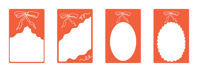 Whimsical red coquette valentine frames with bows, ribbons. Hand Drawn borders for Valentine's Day, birthday, wedding. Vintage minimalist elements in line, doodle style. Isolated vector illustration.