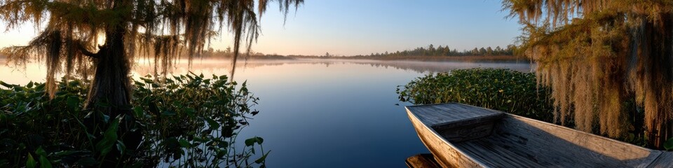 misty florida swamp, a misty florida swamp at sunrise with an airboat docked among cypress knees and spanish moss in sharp detail, surrounded by soft morning fog and distant treelines, creating a