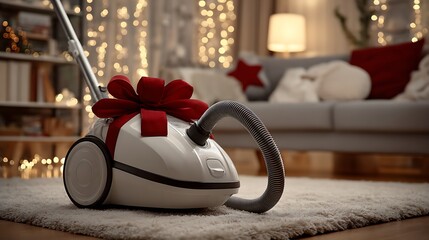A white household appliance adorned with a red bow, sitting on a soft rug, festive background
