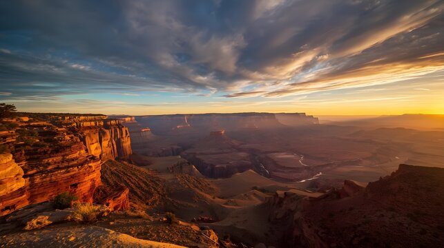 Wide panoramic view of a dramatic canyon landscape with layered rock formations under dynamic cloudy sky