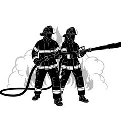 Obraz premium Two firefighters in uniform operating hose Isolated On Transparent Background.