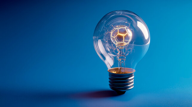 Clear glass light bulb with a bright filament in the shape of a soccer ball on a blue background as a concept of innovation and creative ideas in sports - Powered by Adobe