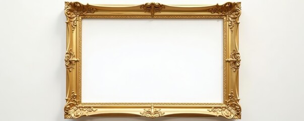 Ornate gilded square frame, pristine white space, regal, rococo