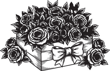 Black and white line illustration of numerous roses arranged beautifully in a wooden crate with an elegant bow
