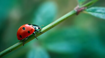 Fototapeta premium A vibrant ladybug with black spots rests on a slender green stem, blurred green background
