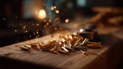 Banner macro photo iron metal shavings after machine drilling lathe industrial background visualization manufacturing waste display metalworking debris closeup defocused