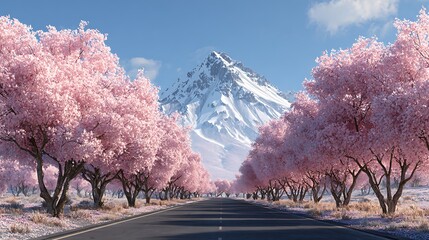 Road lined with blossoming pink trees leading to snow-capped mountain under bright blue sky