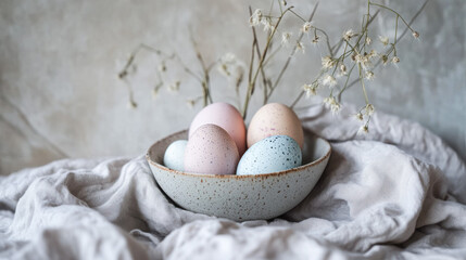 Eco Easter Eggs In Ceramic Bowl On Linen