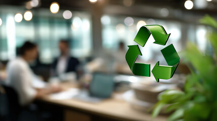 Green recycle symbol icon sign professional environment background representation recycling sorting waste office working people environmental responsibility sustainability