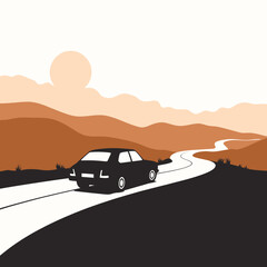 Fototapeta premium Vintage car driving through desert landscape at sunset