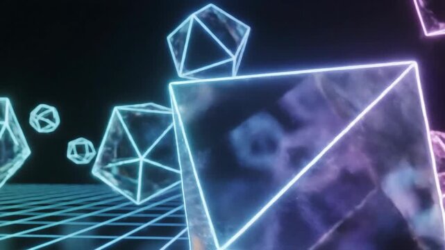 Neon geometric cubes float over a digital grid in futuristic scene.