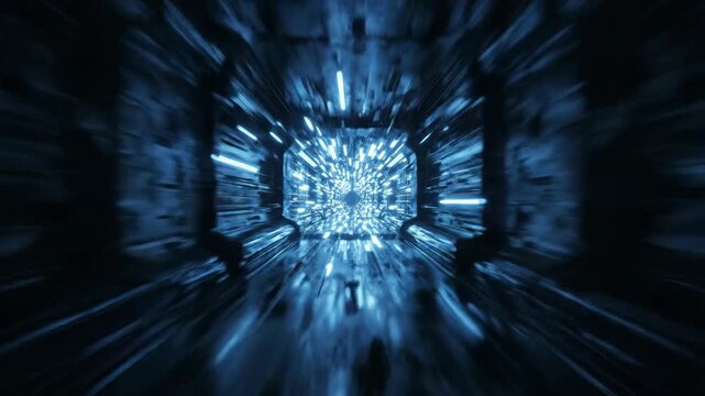 Futuristic Neon Data Tunnel Through Bright Blue Lights.