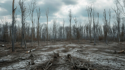 Dead forest with dry leafless trees and barren ground, climate change, ecosystem collapse and environmental crisis concept
