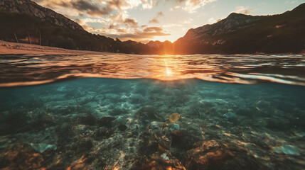 Split view showing clean ocean water and polluted underwater environment, plastic waste and ocean pollution concept