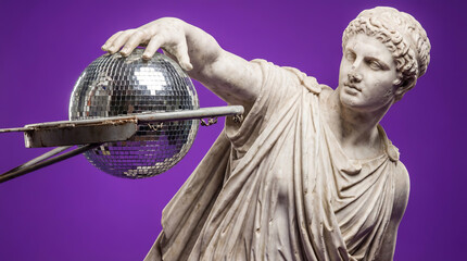 Antique marble statue performing a slam dunk with a sparkling disco ball into an old basketball hoop on a purple background