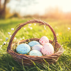 Colorful Easter Eggs In Green Grass Basket