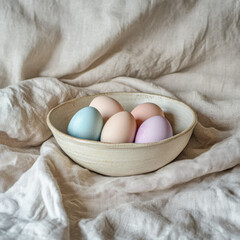 Eco Easter Eggs In Ceramic Bowl On Linen
