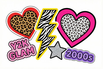 A trendy raster illustration set of Y2K fashion stickers. Includes animal print hearts, a lightning bolt, a glitter star, and 2000s text. Glam retro pop aesthetic.
