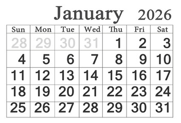 calendar for January 2026 in English. Monthly Organizer. 2026 Monthly Planner