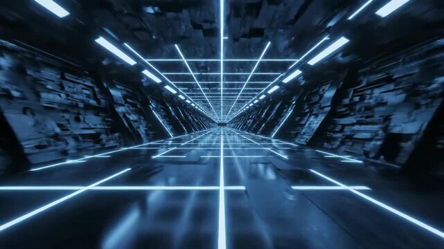 Futuristic Neon Tunnel Corridor With Blue Lights.