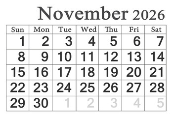calendar for November 2026 in English. Monthly Organizer. 2026 Monthly Planner